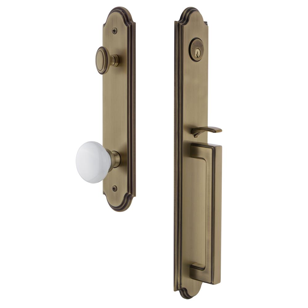 Grandeur by Nostalgic Warehouse ARCDGRHYD Arc One-Piece Handleset with D Grip and Hyde Park Knob in Vintage Brass
